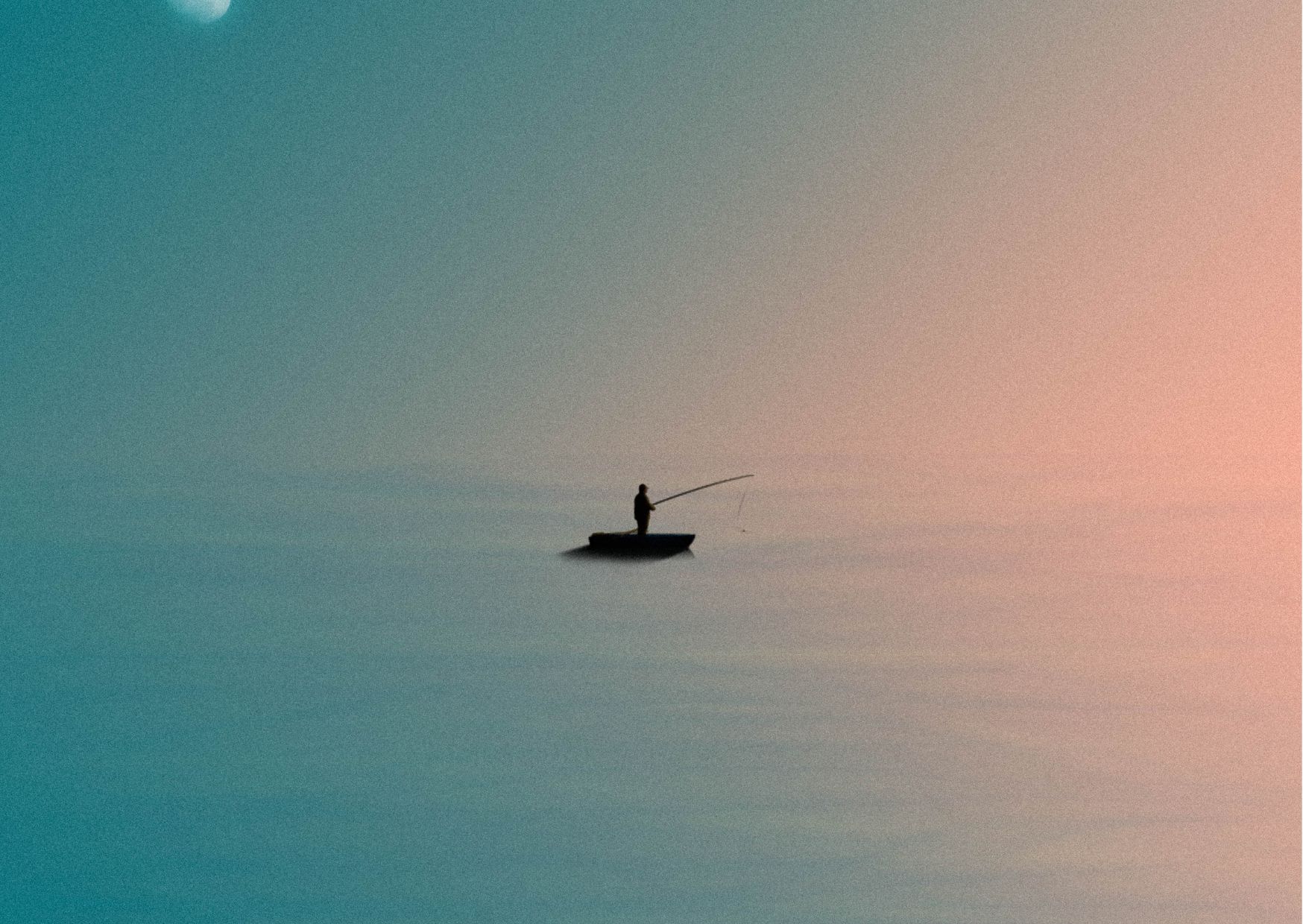 Czy afirmacje pomagają odnaleźć spokój po stracie? Rybak w łodzi zawieszony w bezkresnej przestrzeni.