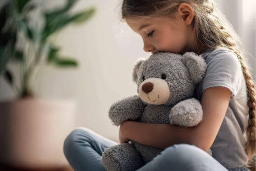 dziewczynka przytulająca misia podczas przeżywania żałoby