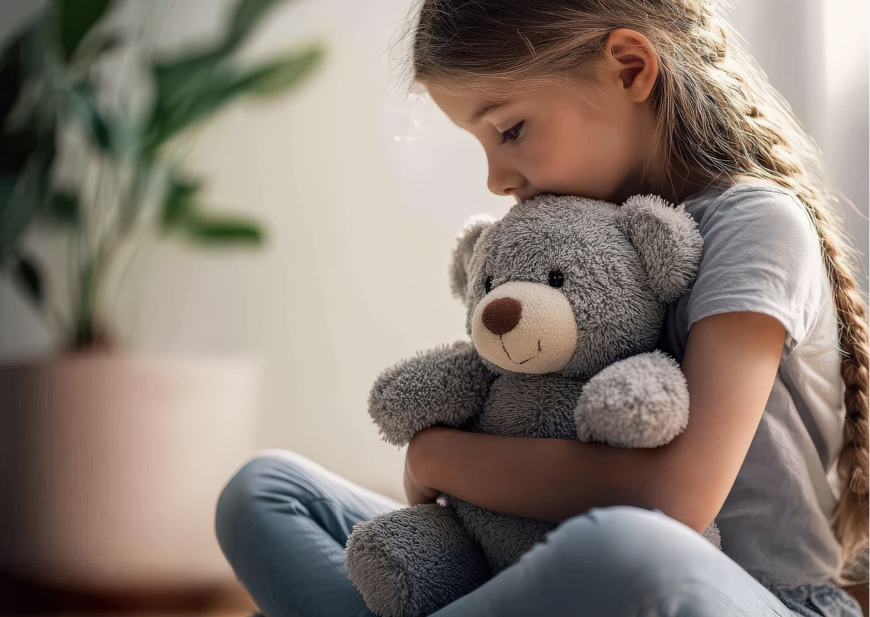 Dziecięca żałoba. Smutna dziewczynka ściska w ramionach szarego misia.
