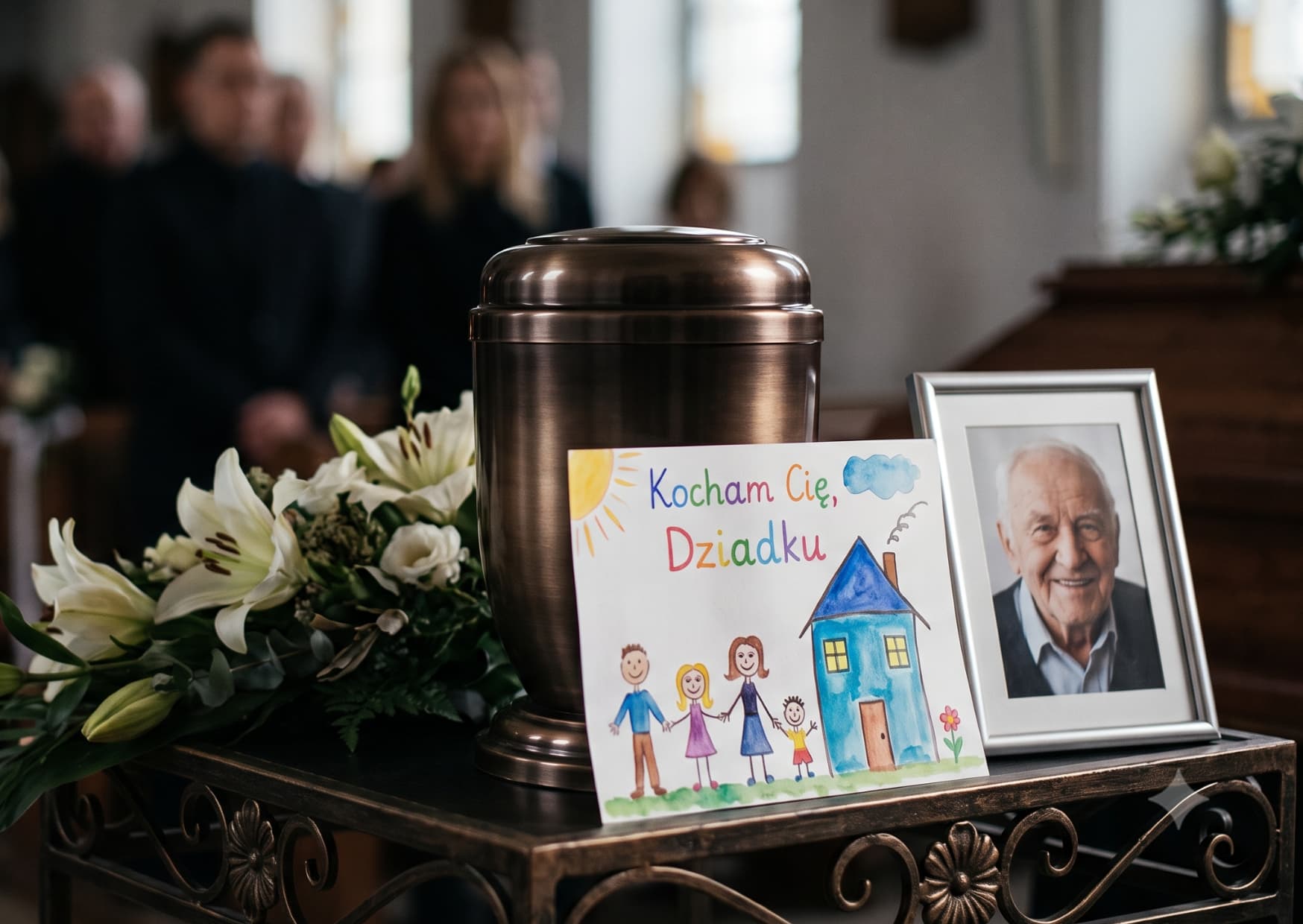 Urna obok której stoi zdjęcie dziadka oraz odręcznie namalowana laurka.