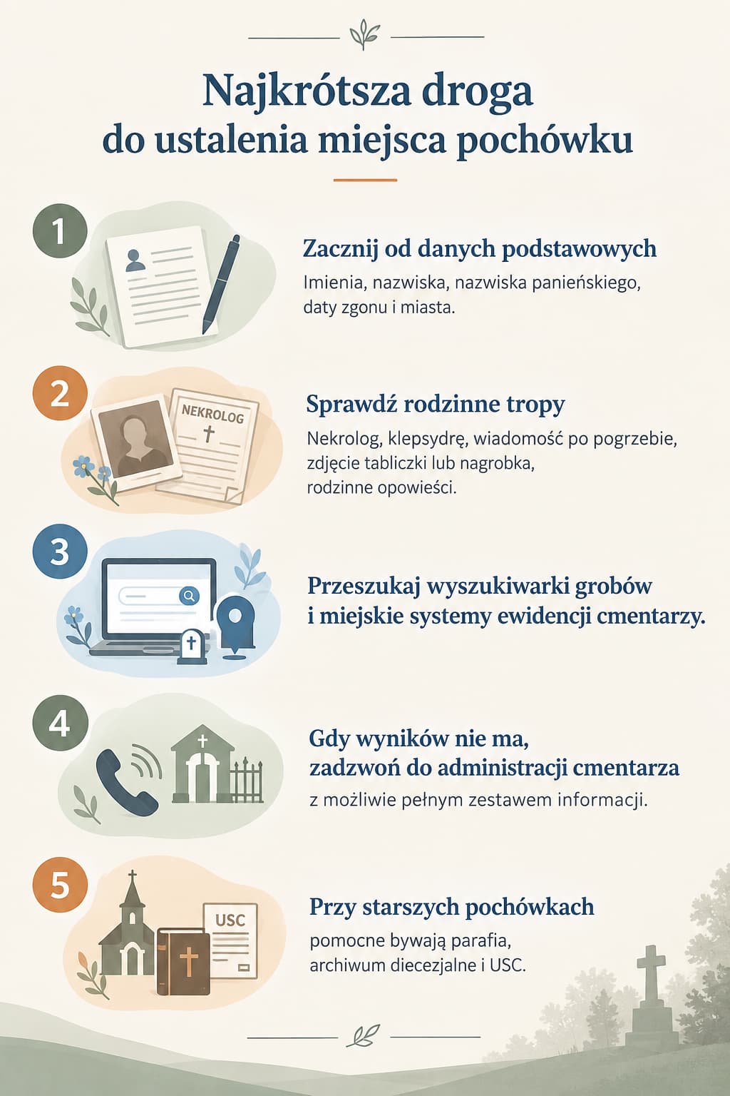 Jak znaleźć grób bliskiej osoby - infografika prezentująca ustalenie miejsca pochówku w 5 krokach.